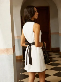 Contrast Binding Sleeveless Button Bow Short Dress