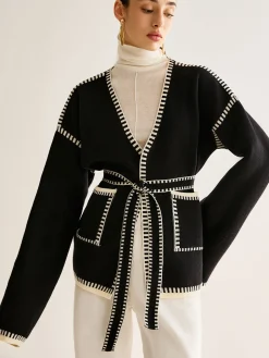 Contrast Binding Split Cardigan With Belt