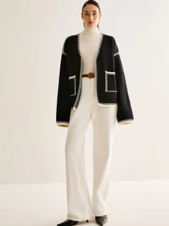 Contrast Binding Split Cardigan With Belt
