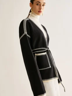 Contrast Binding Split Cardigan With Belt