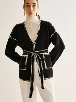Contrast Binding Split Cardigan With Belt