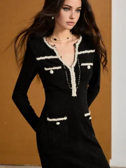 Contrast Binding Tweed Slim Dress