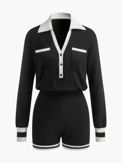 Contrast Binding V-Neck Knit Jumpsuits