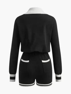 Contrast Binding V-Neck Knit Jumpsuits