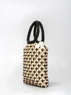 Contrast Binding Wood-Bead Woven Handbag