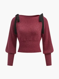 Contrast Bow Cinched Waist Sweater