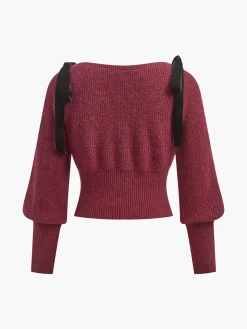 Contrast Bow Cinched Waist Sweater
