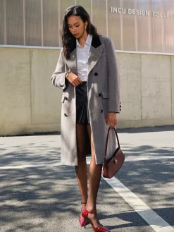 Contrast Collar Belted Tweed Coat