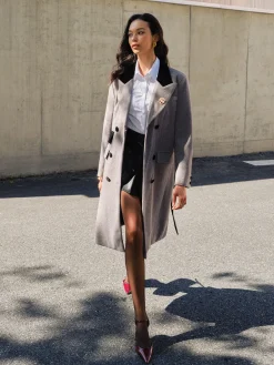 Contrast Collar Belted Tweed Coat