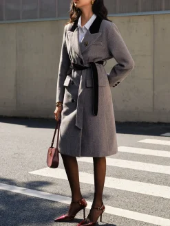 Contrast Collar Belted Tweed Coat