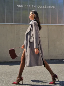 Contrast Collar Belted Tweed Coat