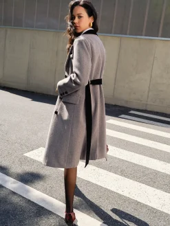 Contrast Collar Belted Tweed Coat