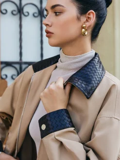 Contrast Collar Drawstring Faux Leather Jacket
