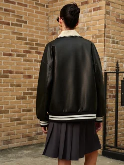 Contrast Collar PU Leather Bomber Jacket
