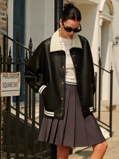 Contrast Collar PU Leather Bomber Jacket