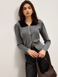 Contrast Collar Slim Button Cardigan