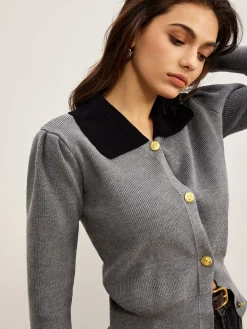 Contrast Collar Slim Button Cardigan
