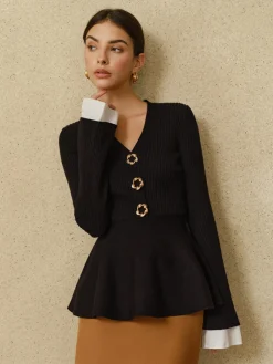 Contrast Cuff Ruffle Knit Top