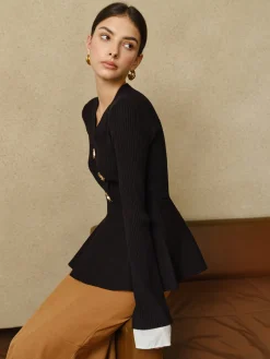 Contrast Cuff Ruffle Knit Top