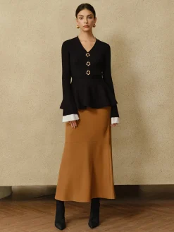 Contrast Cuff Ruffle Knit Top