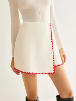 Contrast Embroidered Trim Tweed Skirt