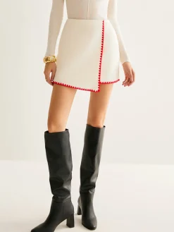 Contrast Embroidered Trim Tweed Skirt
