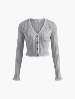 Contrast Embroidered Trim Button Cardigan