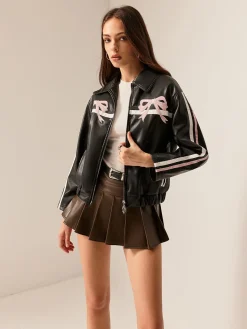 Contrast Pinstripe PU Leather Jacket