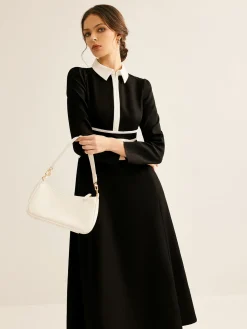 Contrast Piping Long Sleeve Lapel Dress