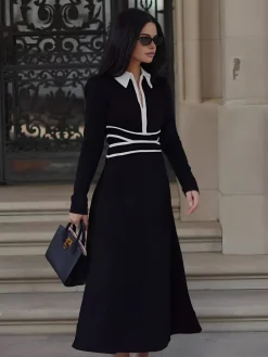 Contrast Piping Long Sleeve Lapel Dress