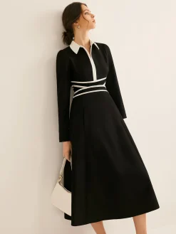 Contrast Piping Long Sleeve Lapel Dress