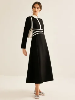 Contrast Piping Long Sleeve Lapel Dress