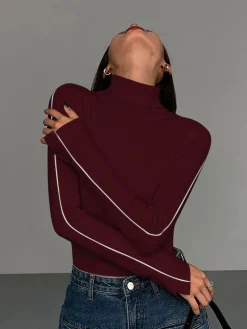 Contrast Piping Turtleneck Sweater
