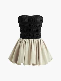Contrast Strapless Pleated Short Dress