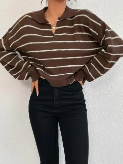 Contrast Striped Lapel Short Sweater