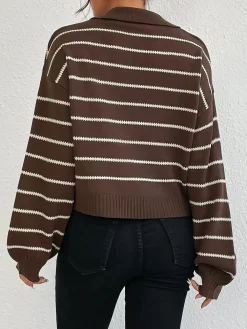 Contrast Striped Lapel Short Sweater
