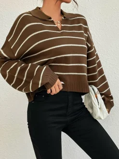 Contrast Striped Lapel Short Sweater