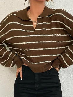 Contrast Striped Lapel Short Sweater