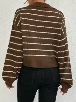 Contrast Striped Lapel Short Sweater