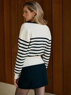 Contrast Striped Metal-Button Knit Outerwear