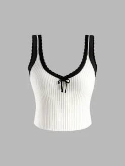 Contrast Trim Bow Crop Sweater Vest
