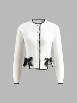 Contrast Trim Bow Decor Knit Outwear
