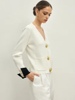 Contrast Trim Button Jersey Cardigan