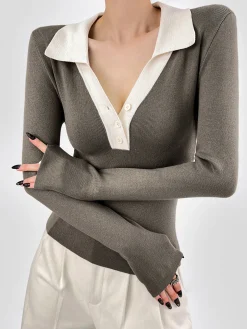 Contrast Trim Button Up Ribbed Shirt