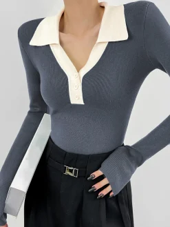Contrast Trim Button Up Ribbed Shirt