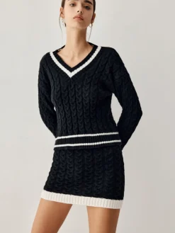 Contrast Trim Cable Knit Sweater With Matching Skirt
