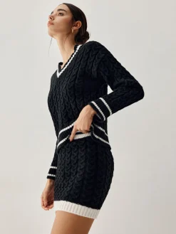 Contrast Trim Cable Knit Sweater With Matching Skirt