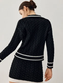 Contrast Trim Cable Knit Sweater With Matching Skirt