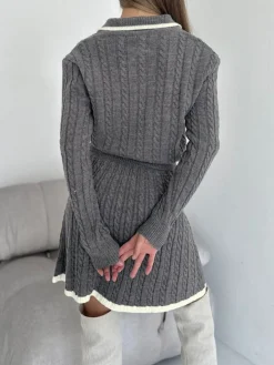 Contrast Trim Cable-Knit Lapel Skirt Set