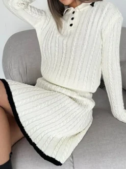 Contrast Trim Cable-Knit Lapel Skirt Set